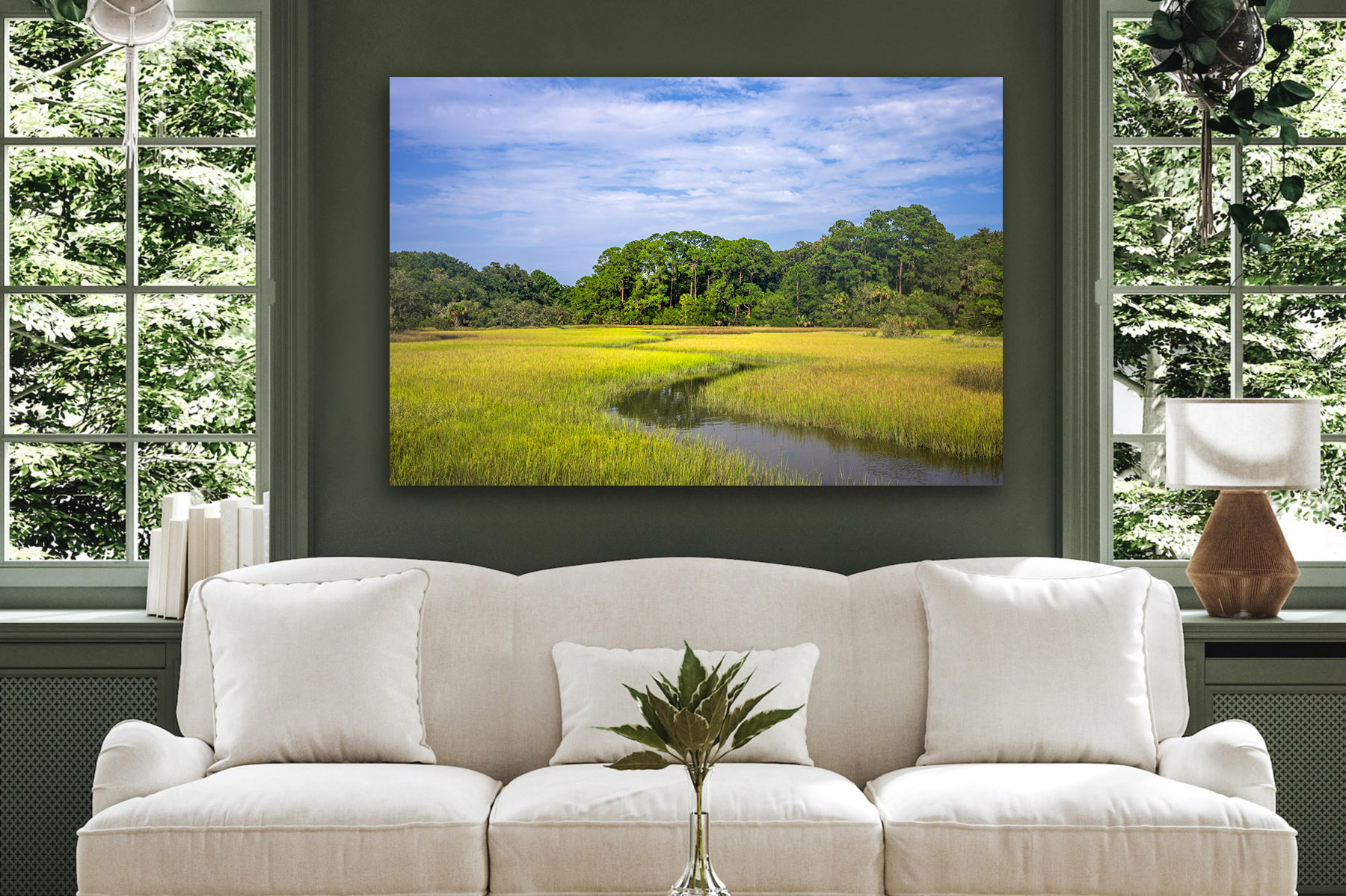 Florida lanscape scene of a river winding though a marsh as a print on a wall