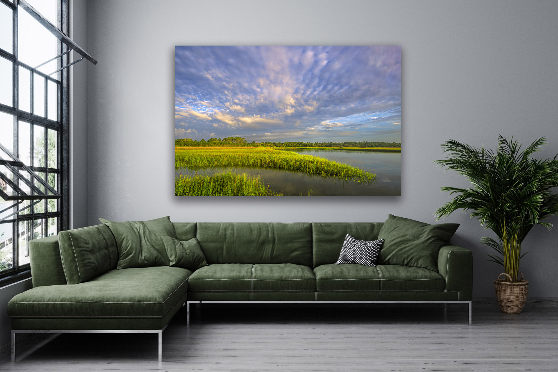 Florida landscape scene of a pointed marsh with exploding skies as a print on a wall