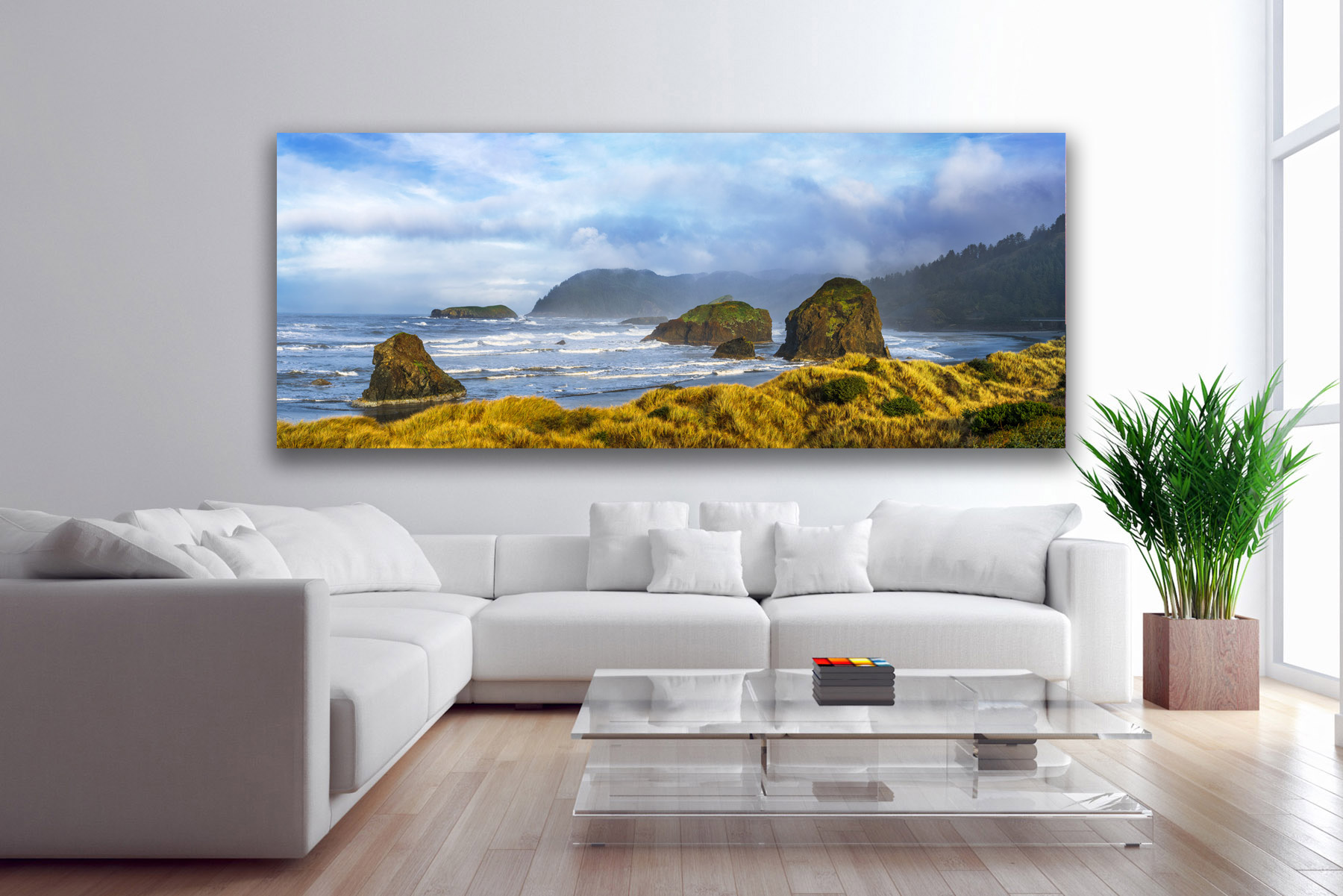 Panoramic view of Oregon sea stacks and sand dunes as a fine art print on a living room wall