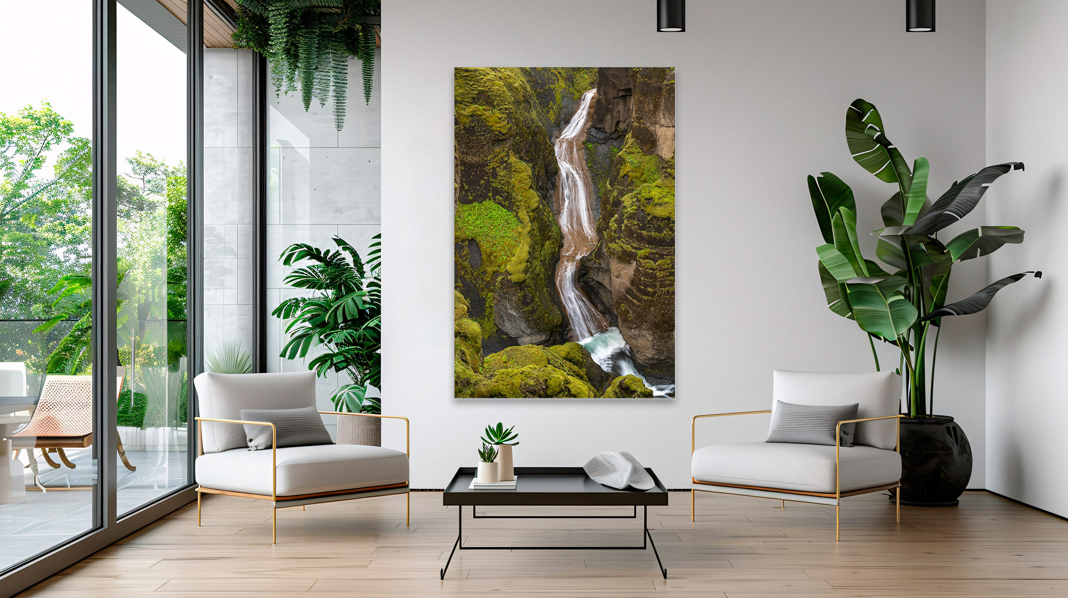 the Mogafoss waterfall and green surroundings in Iceland as a print on the wall