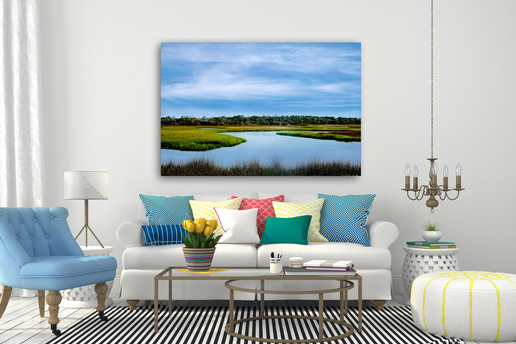 Florida landscape scene of a river and a marsh as a print on a wall
