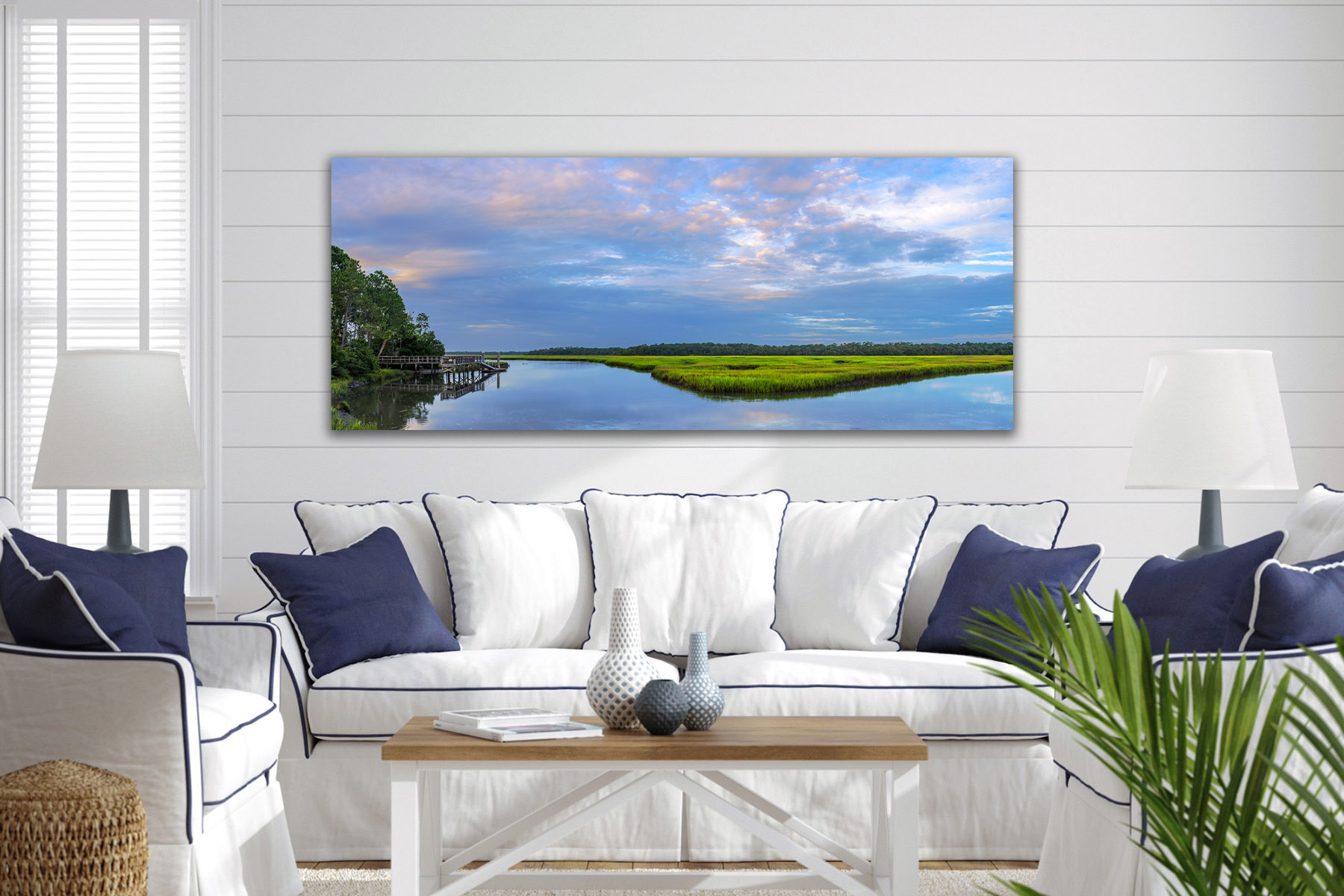 Florida landscape scene of a calm river, a dock and a green marsh as a print on a wall
