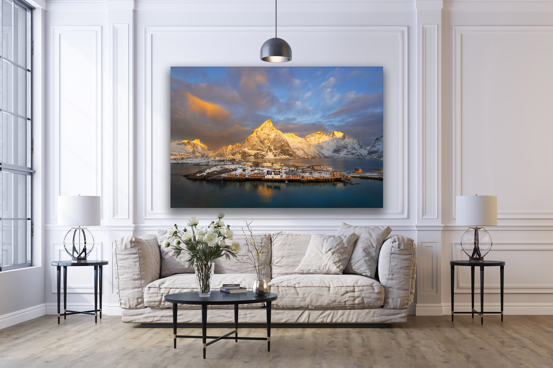 View of Norway Hamnoy harbor in winter as a fine art photo print on the wall