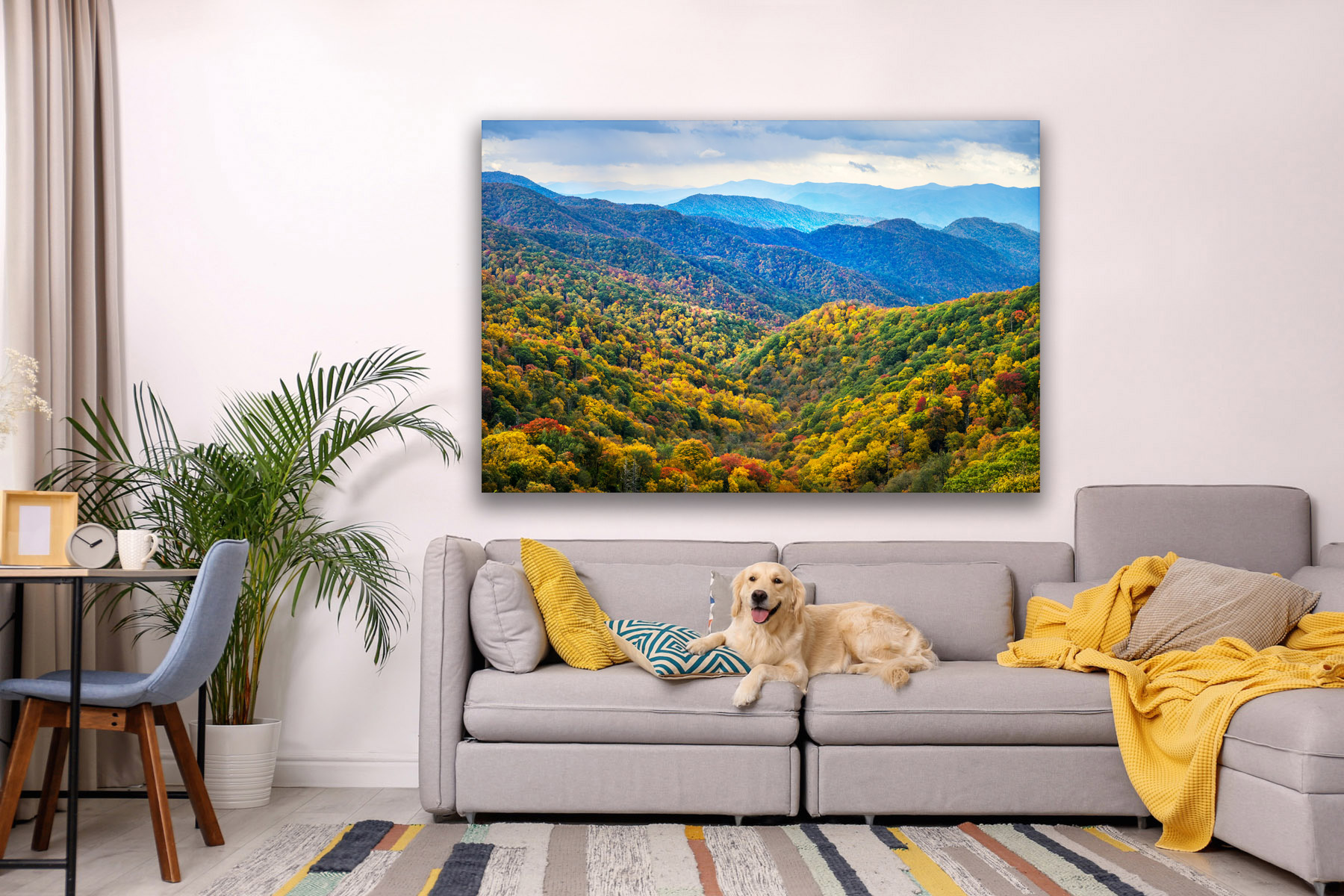 Smoky mountains with fall color as a fine art photo print on a living room wall