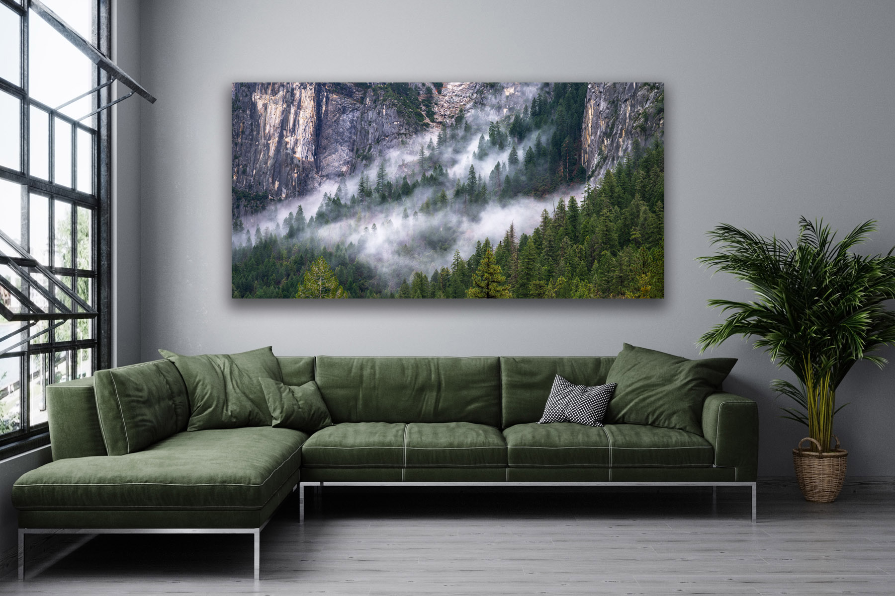 Panoramic view of low clouds in the mountains in Yosemite as a fine art photo print on the wall