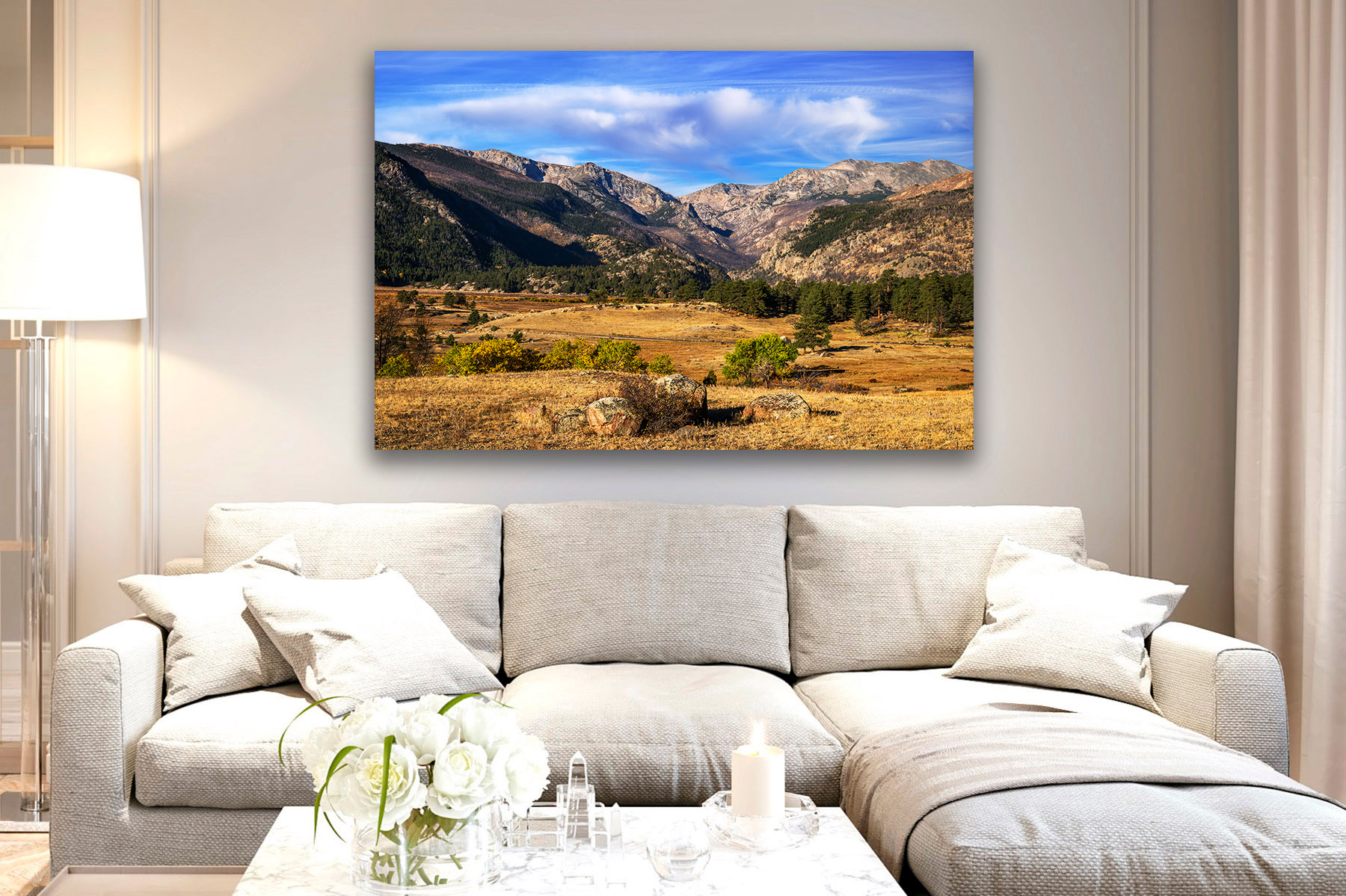 Rocky Mountain Wall Art Print on a wall of a morning meadow with mountains in Rocky Mountain National Park