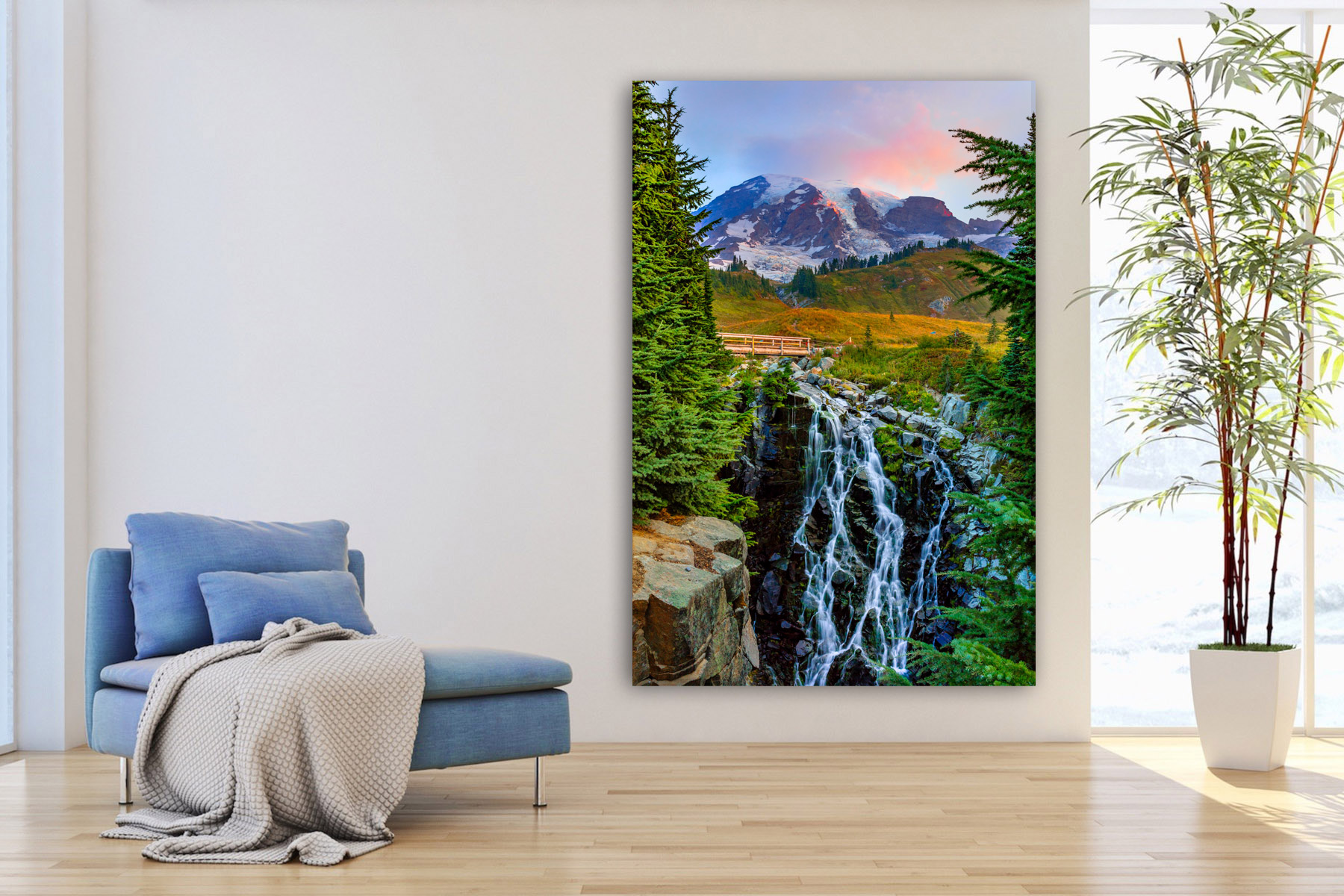 Vertical view of Myrtle Falls at Mount Rainier as a fine art photo print on the wall