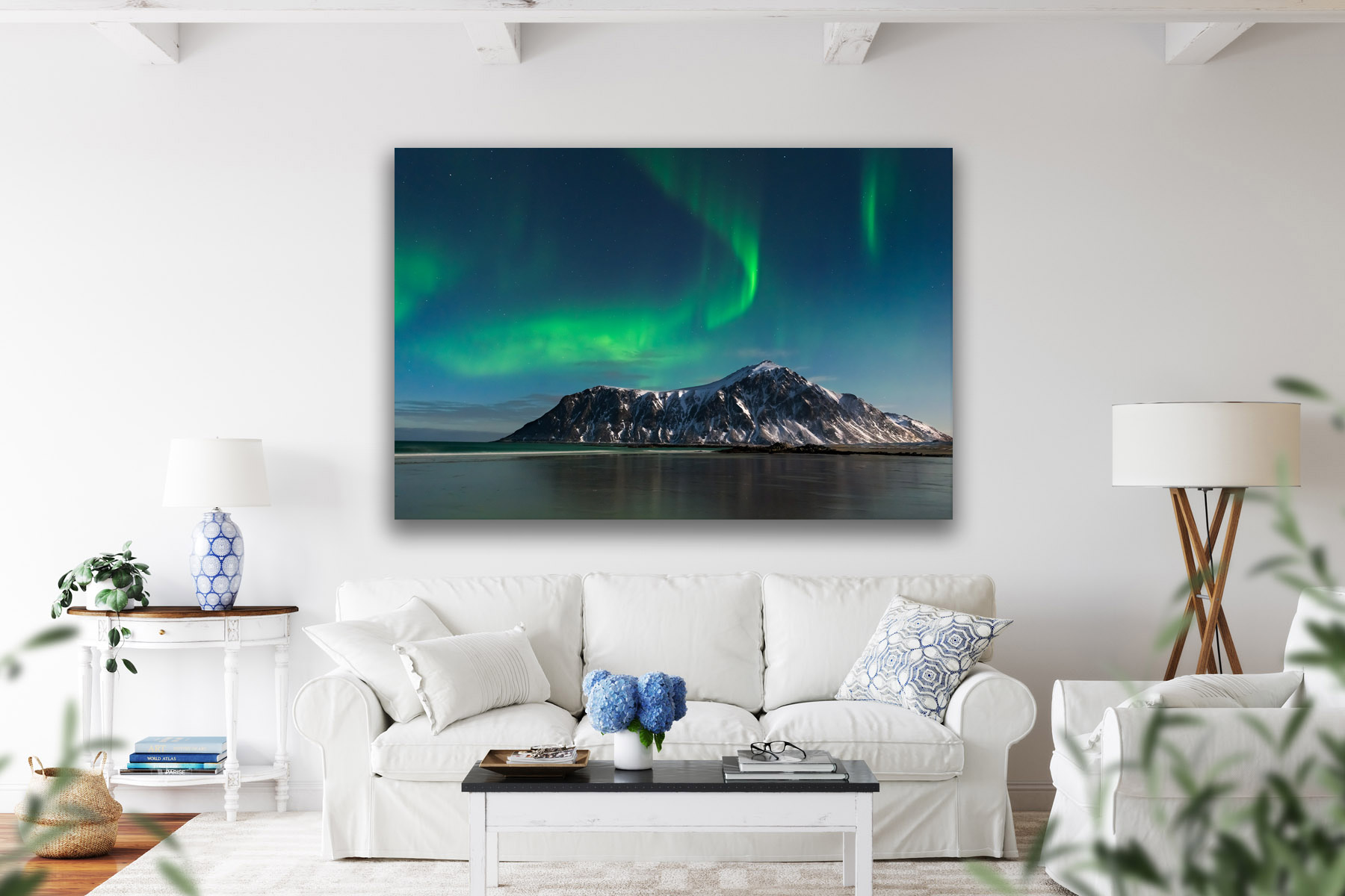 Norway northern lights over a mountain in winter as a fine art photo print on the wall