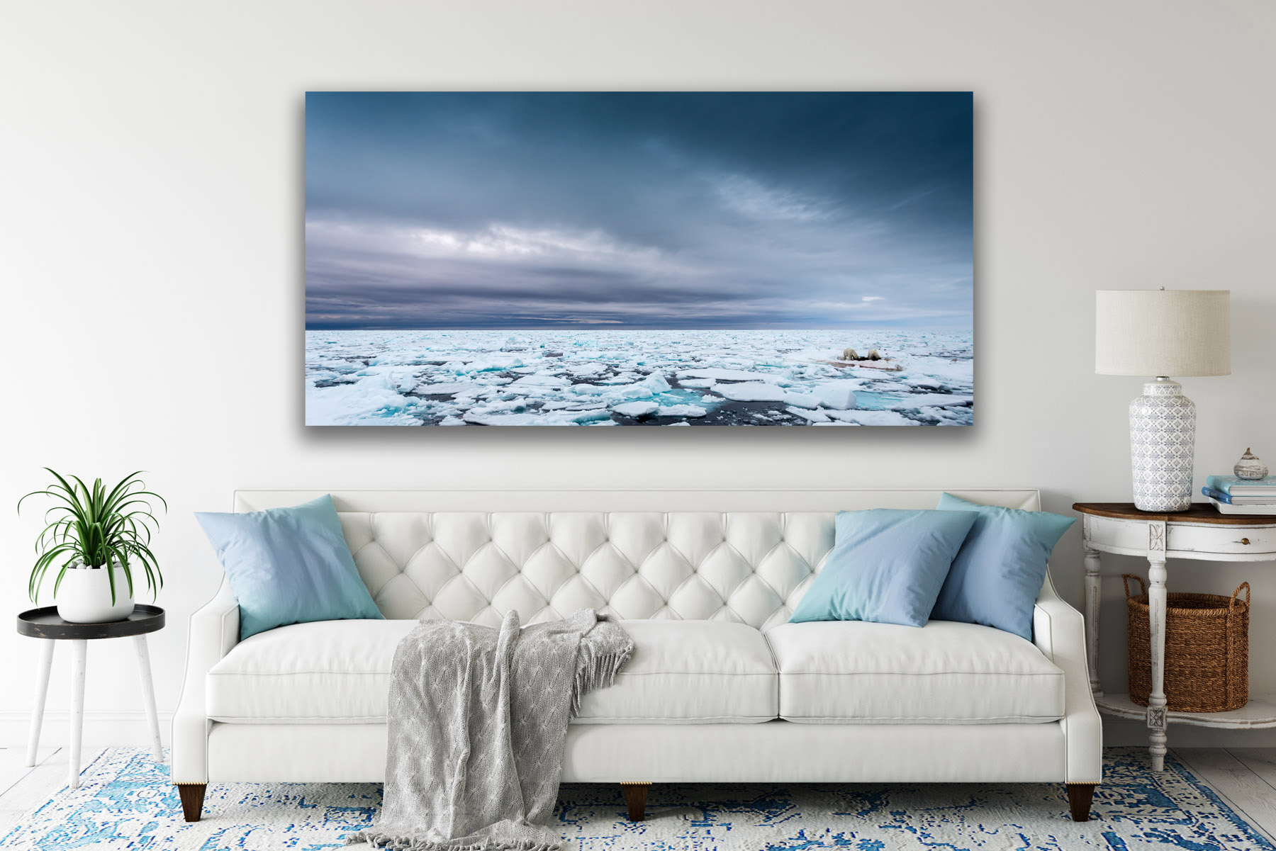 A distant polar bear on a kill on the ice as a fine art photo print in the wall