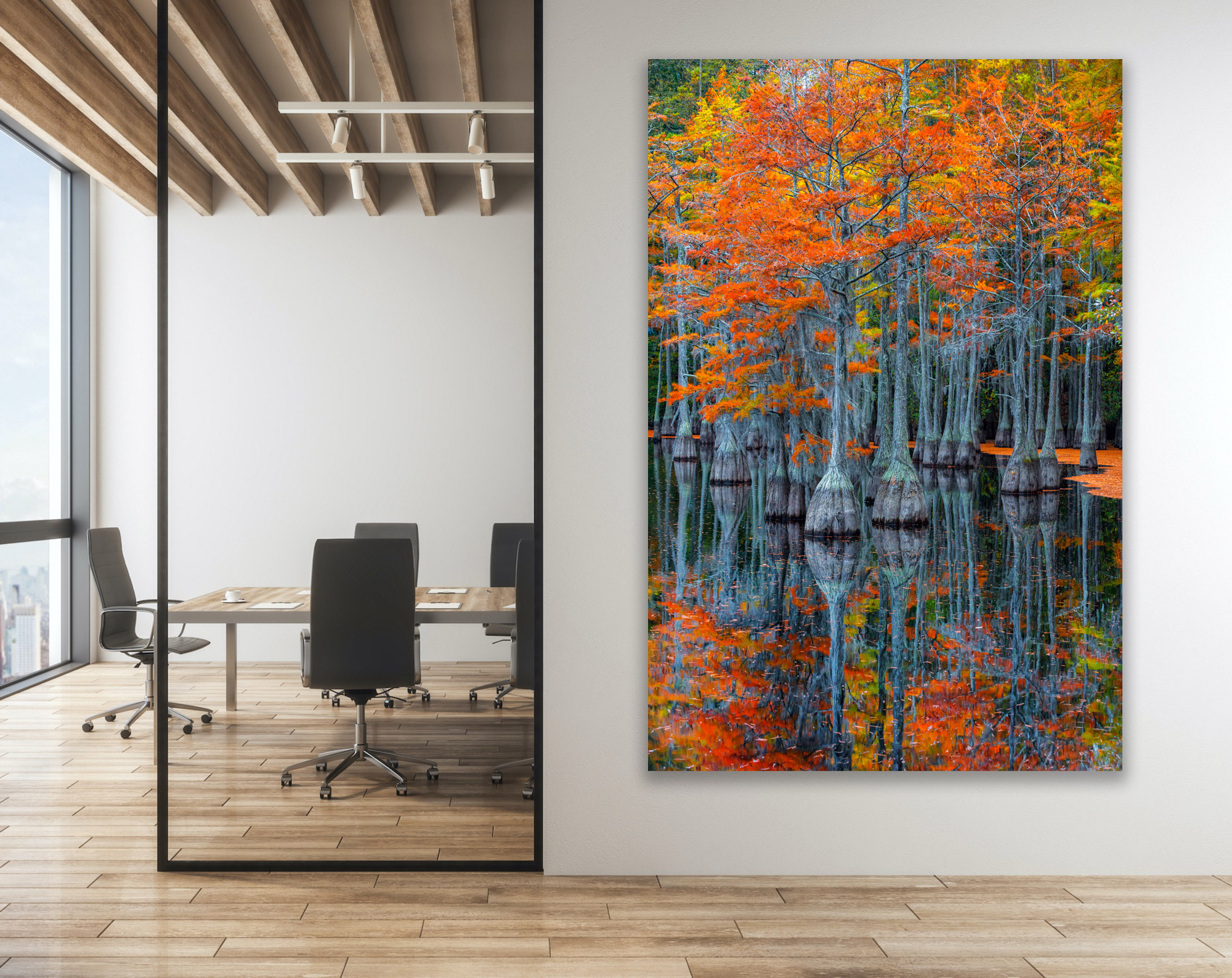 Orange Cypress tree in the water as a vertical fine art photo print on the wall