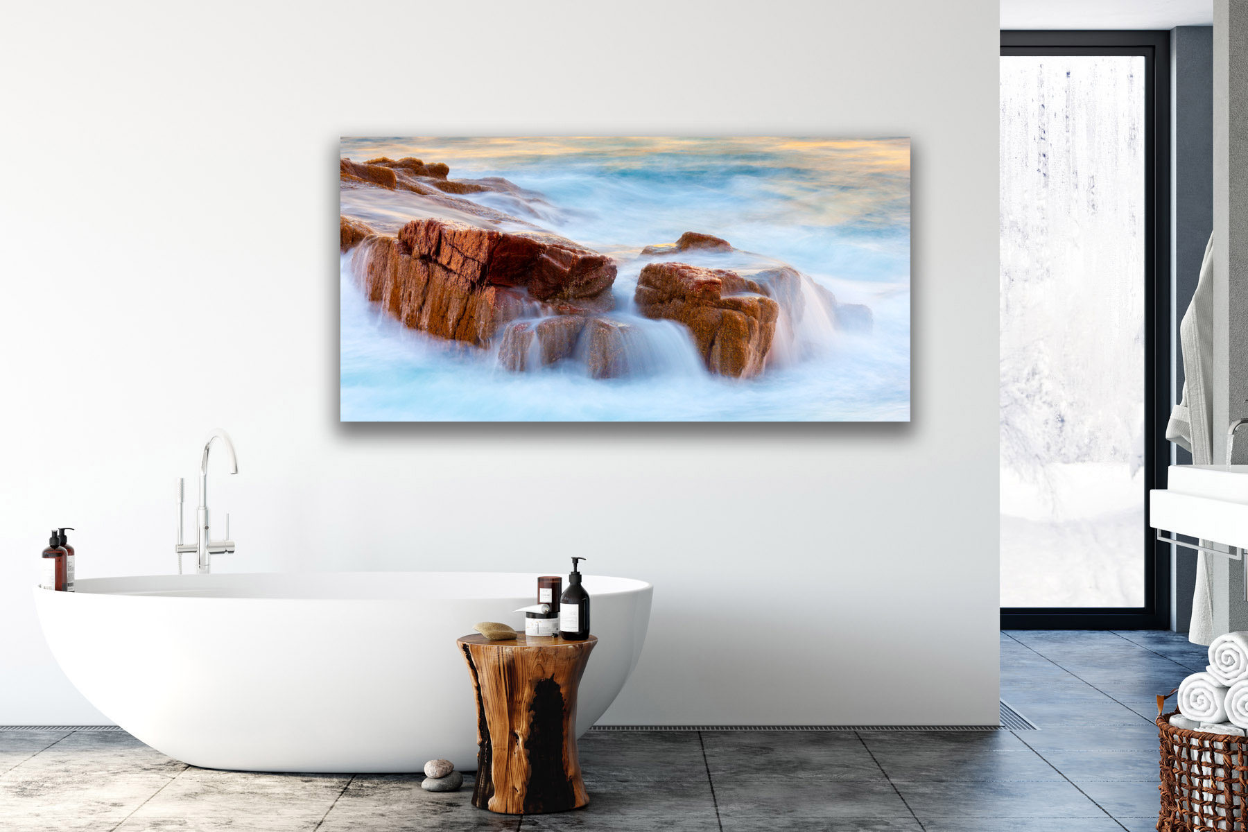 Ocean water flowing over offshore rocks in Acadia as a fine art photo print on the wall