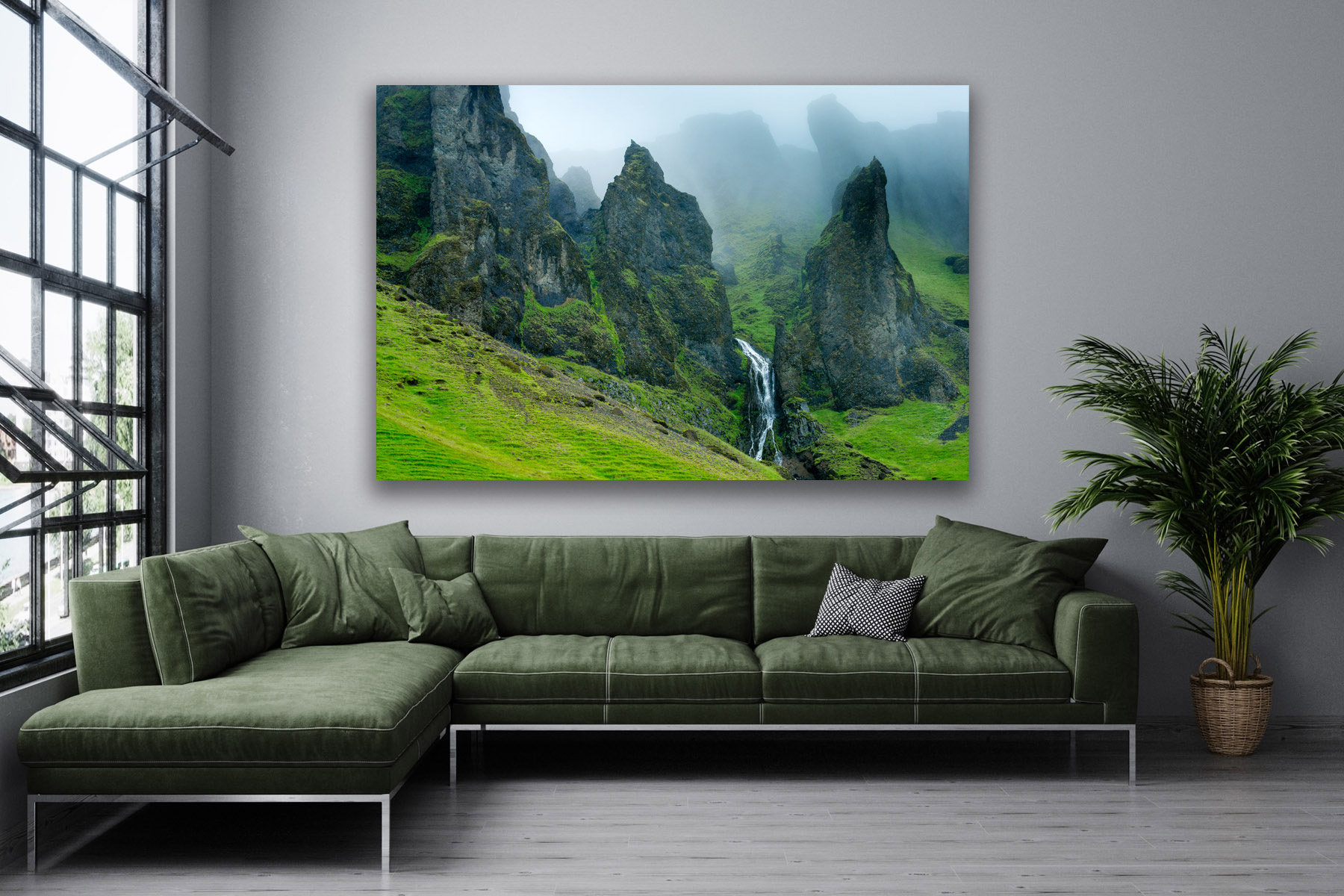 Craggy rock points in the fog in Iceland as a fine art photo print on the wall