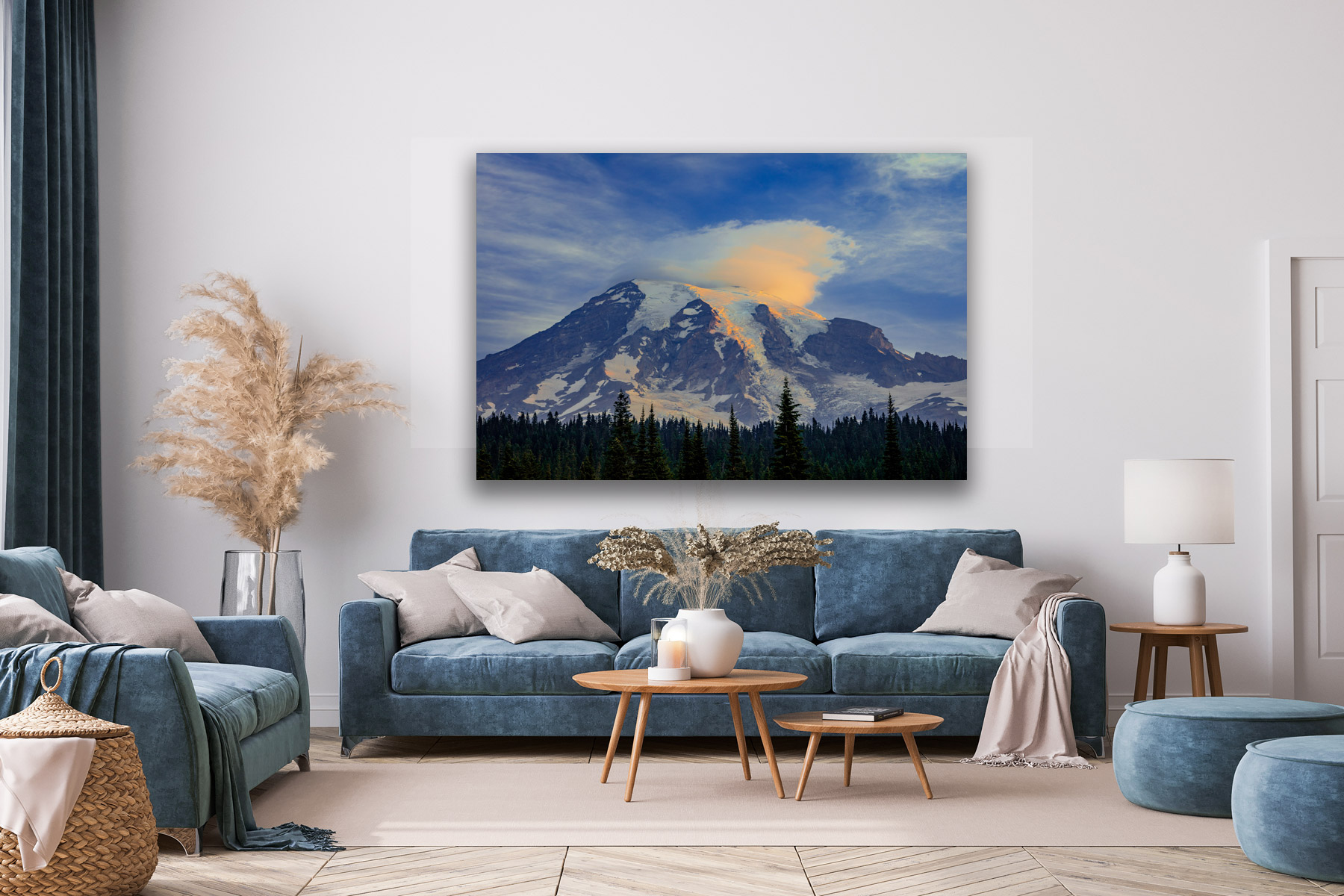 Mount Rainier at sunrise as a fine art photo print on a living room wall