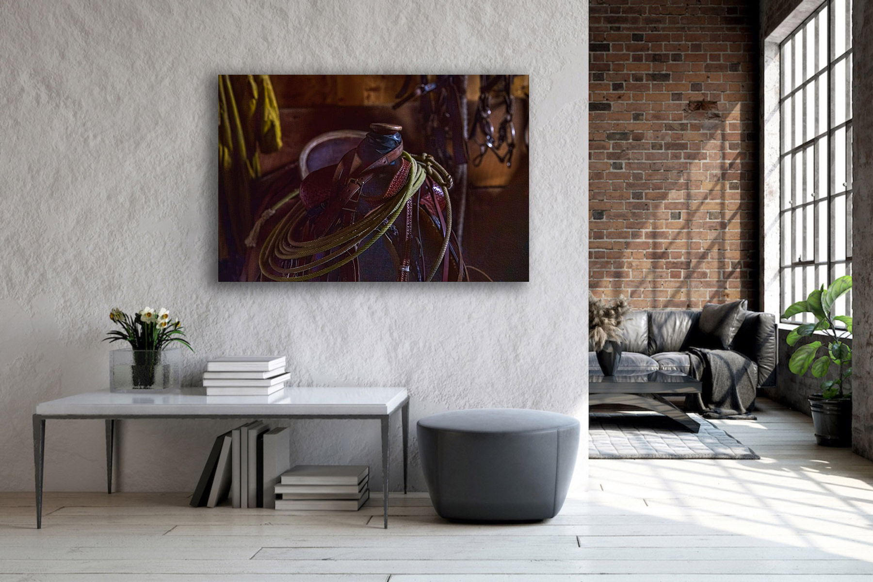 Saddle in the barn as a fine art photo print on the wall