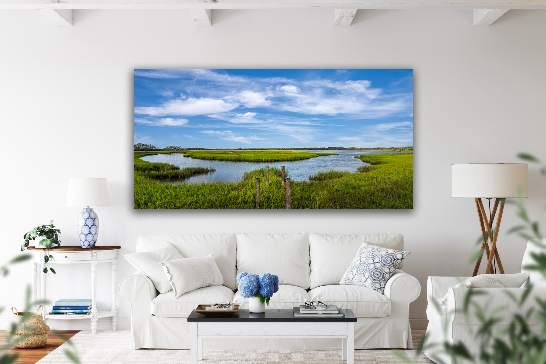 Florida landscape scene of old dock pilings on a curved river as a print on a wall