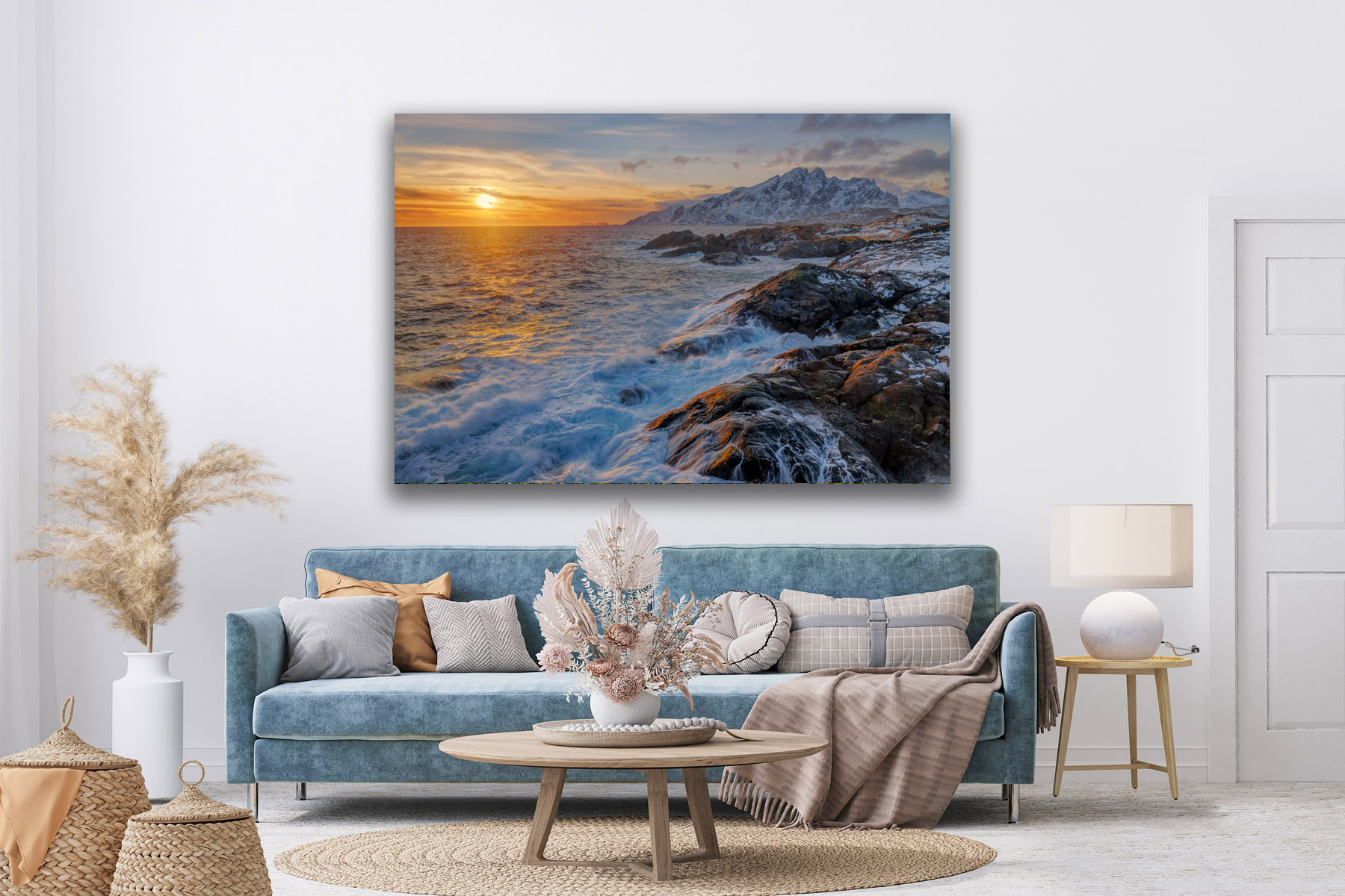 Sunset over a rocky Norway coast in winter as a fine art photo print on the wall
