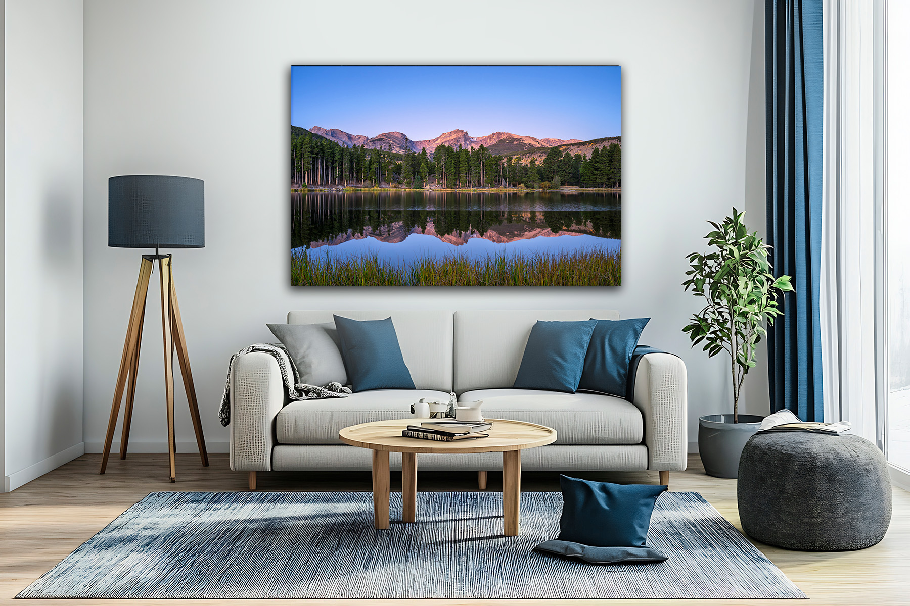 Rocky Mountain Wall Art Print on a wall of mountains reflecting in Sprague Lake