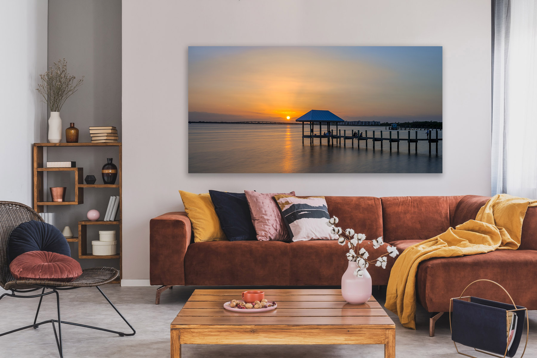 Florida landscape scene of a small dock at sunset as a print on a wall