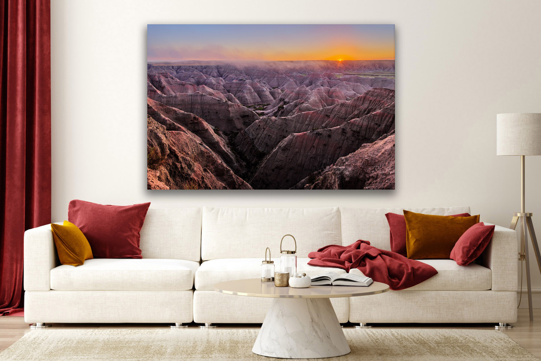 Sunrise over a canyon in Badlands National Park as a fine art photo print on the wall