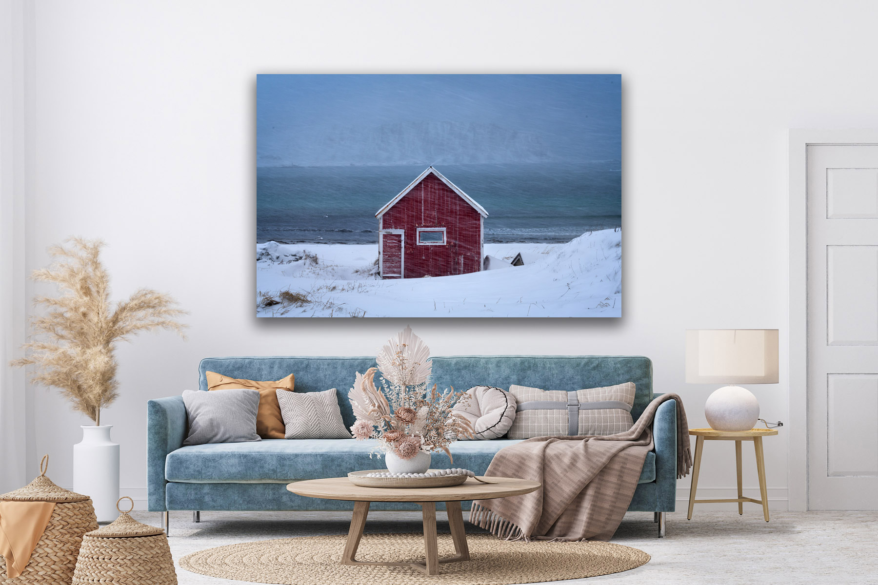 Norway red boathouse in a snowstorm as a fine art photo print on the wall