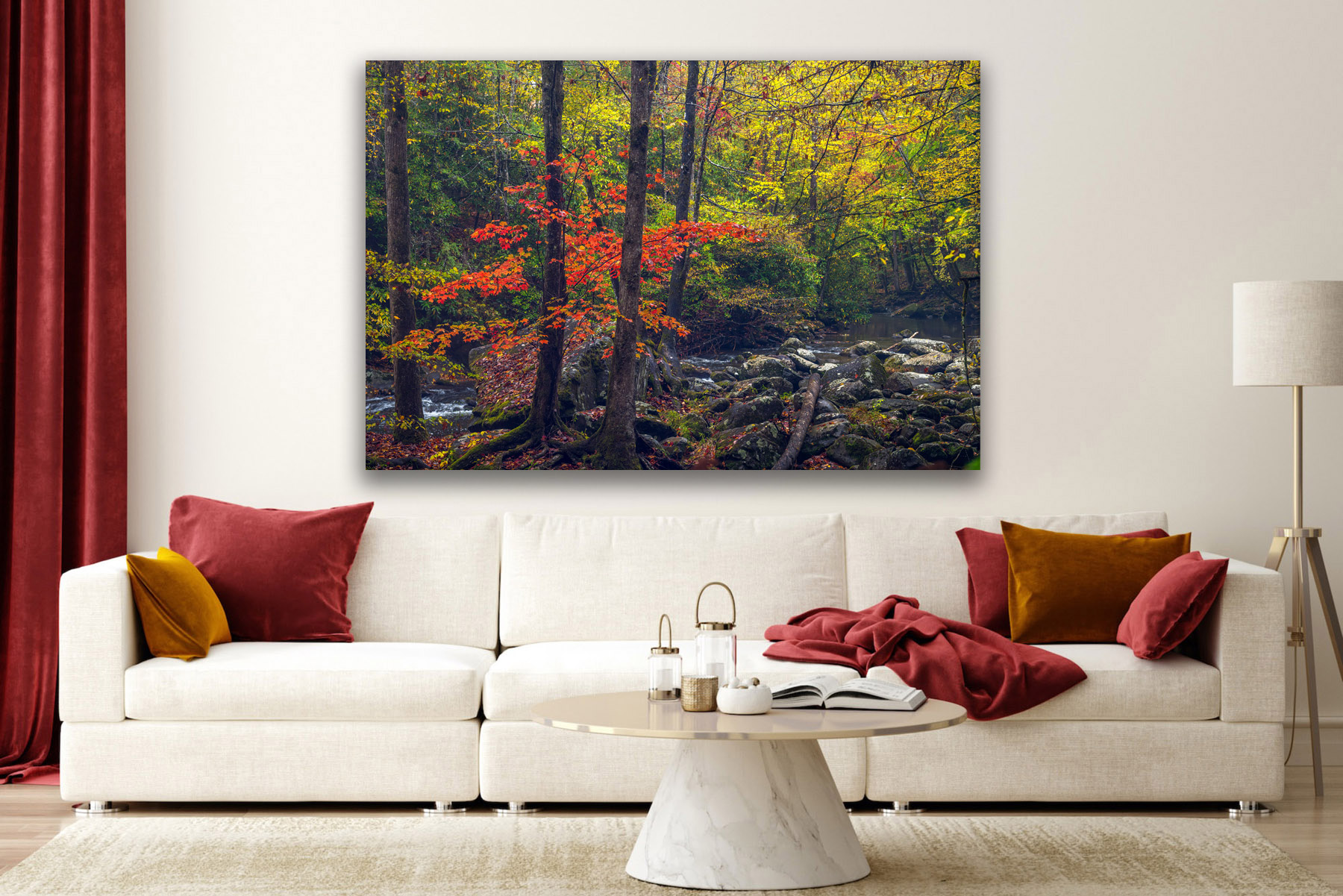 Red Smoky Mountains color as a fine art photo print on a living room wall