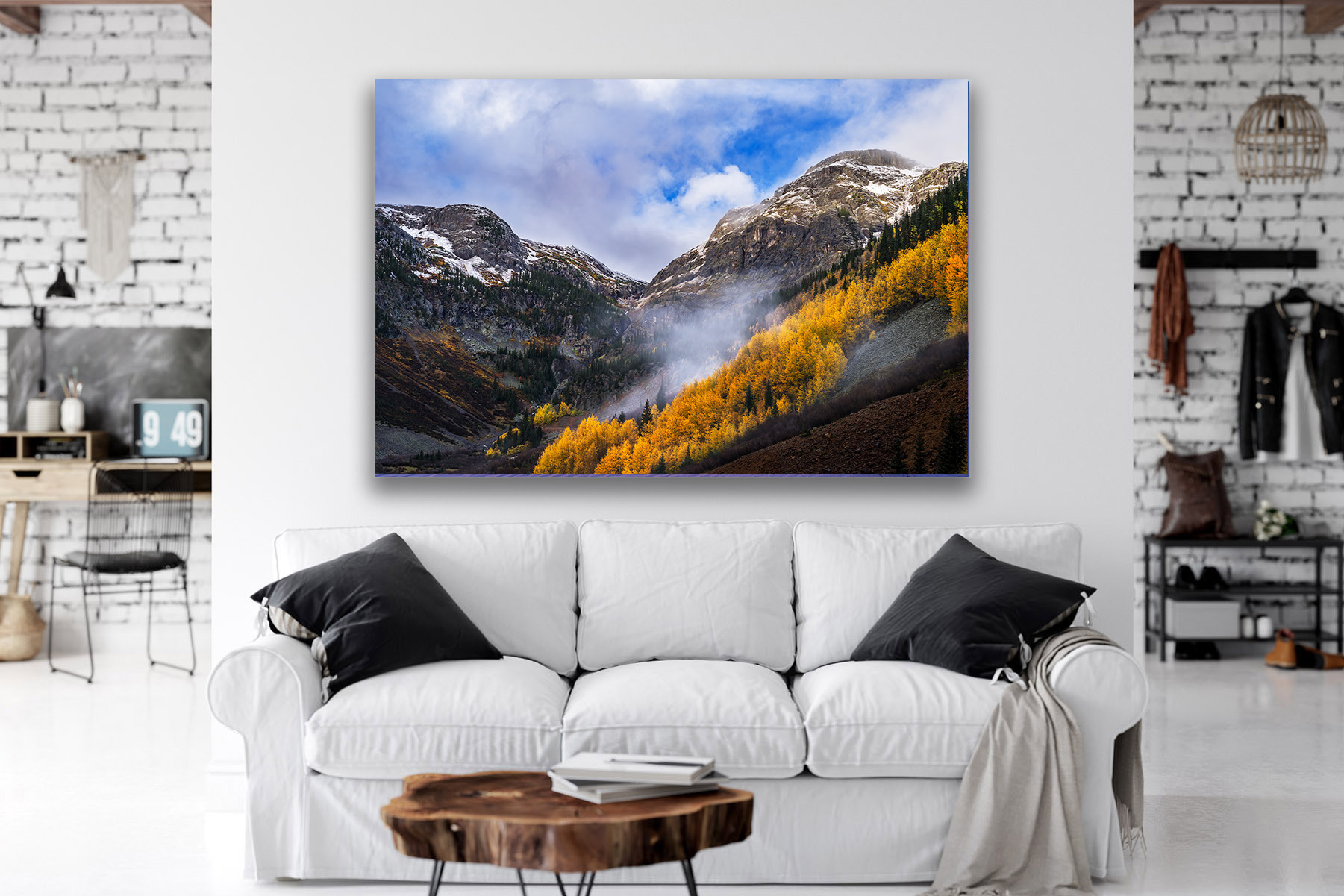 Colorado landscape wall art print on a wall of mountains, stormy skies and fall color
