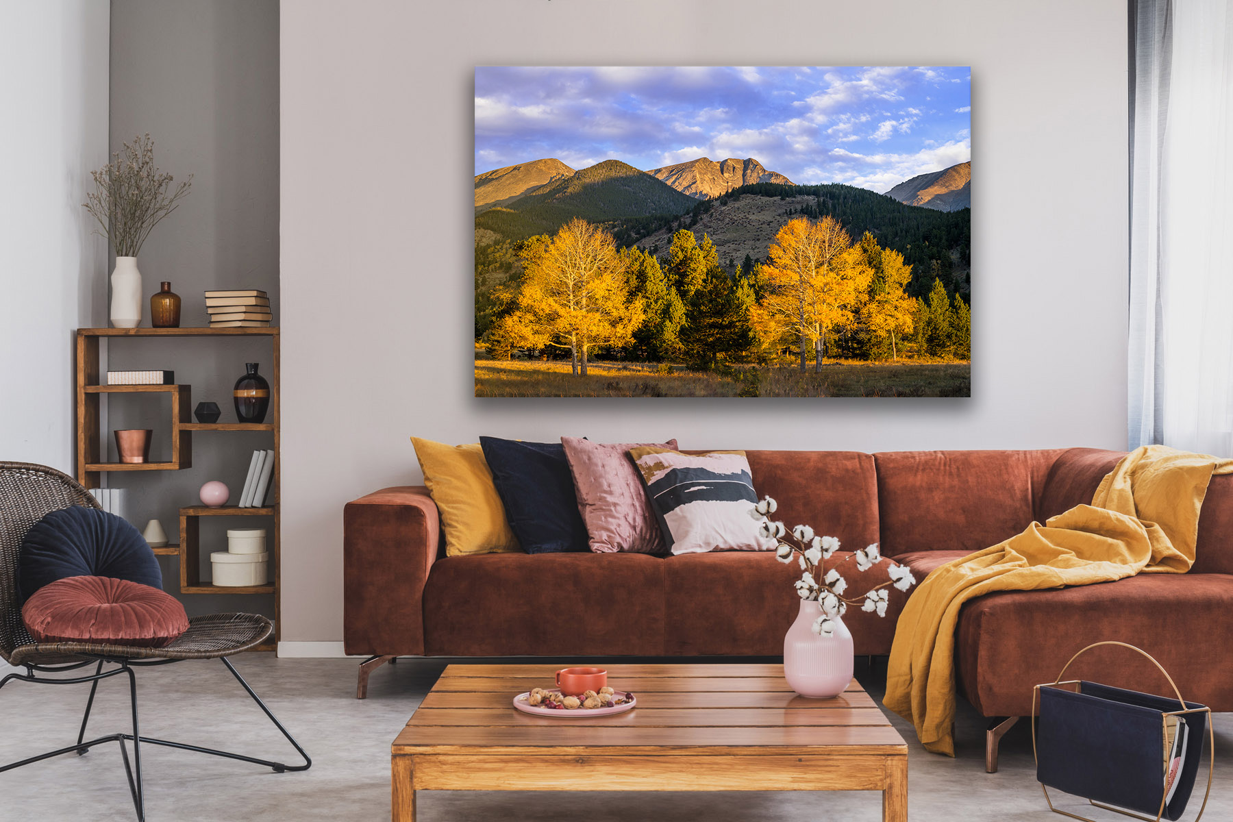 Rocky mountain wall art print of aspen trees and mountains in Rocky Mountain National Park