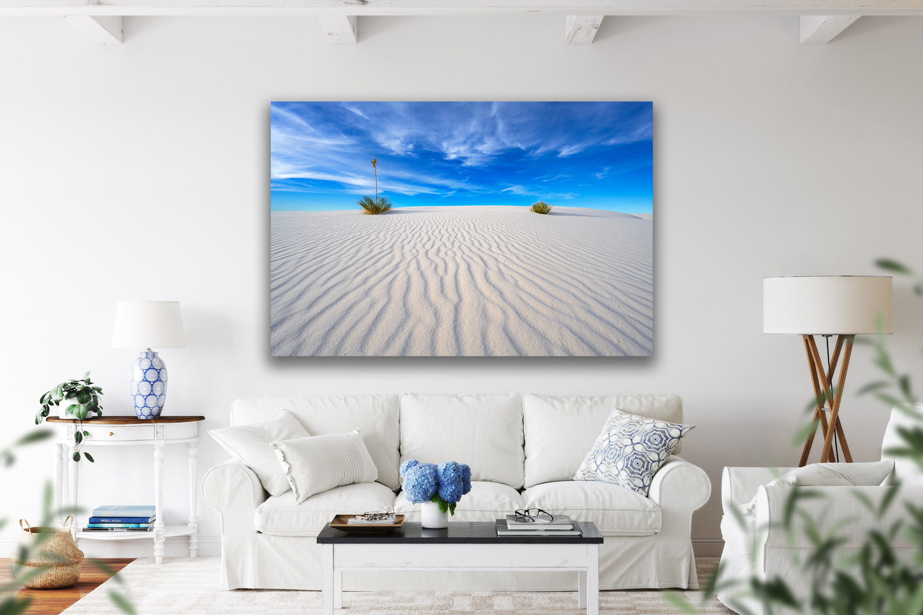 Two Yucca plants on a dune with ripples at White Sands as a fine art photo print on the wall