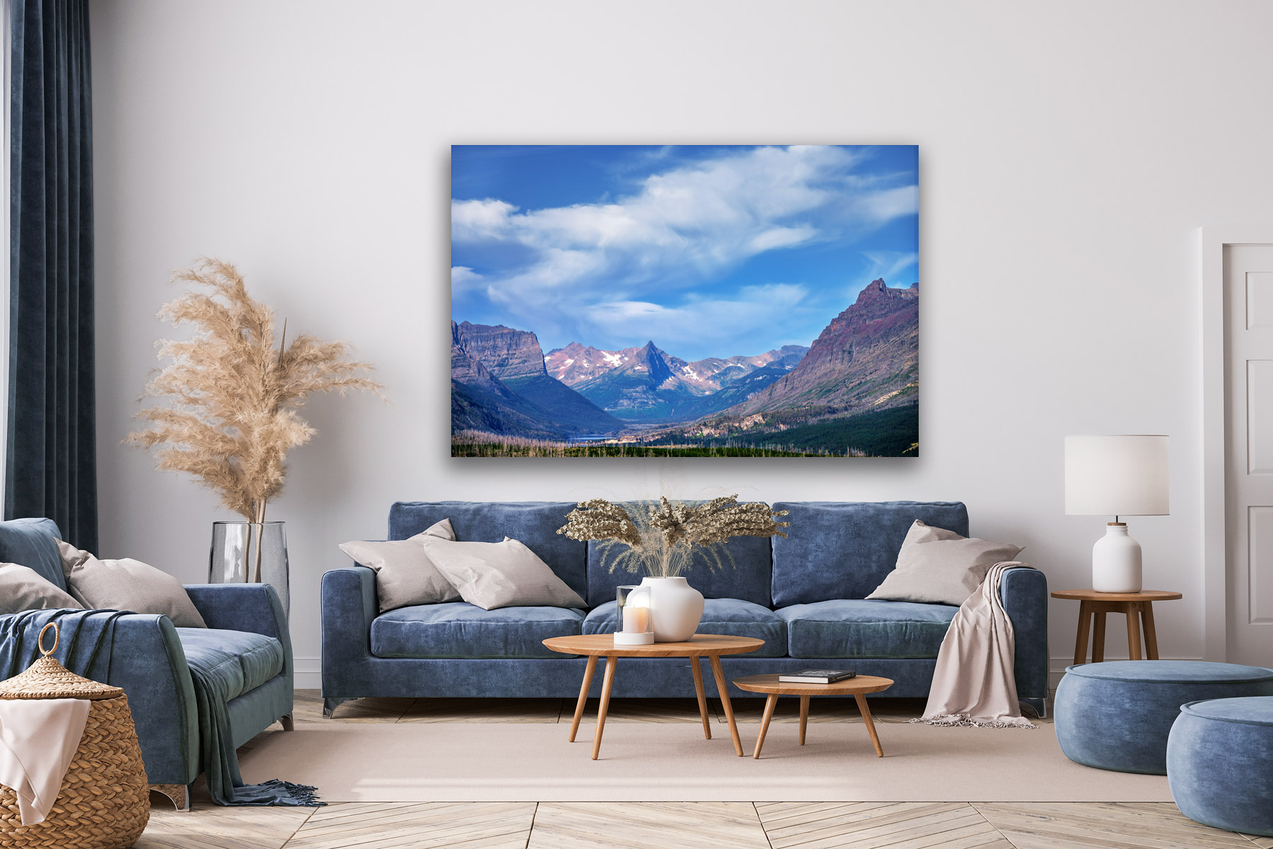 Mountains and a valley in Glacier National Park as a fine art photo print on the wall