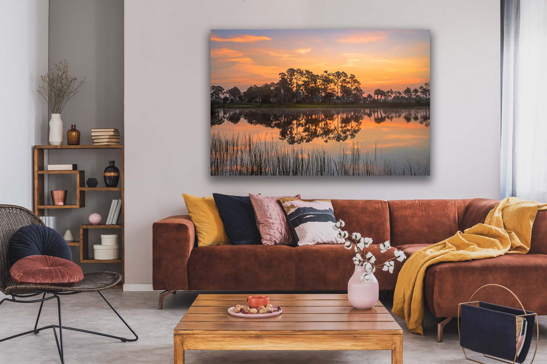 Florida landscape scene of sunrise over pine trees as a print on a wall