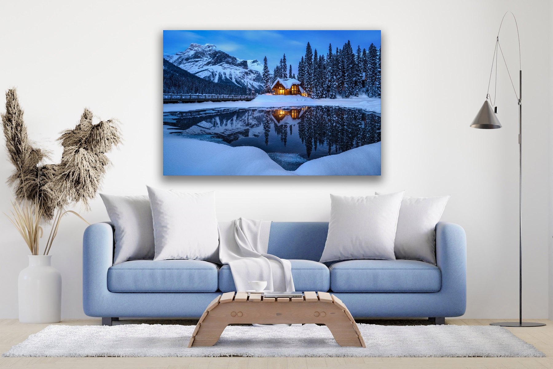 Canada Emerald Lake cabin with light on as a fine art photo print above a sofa