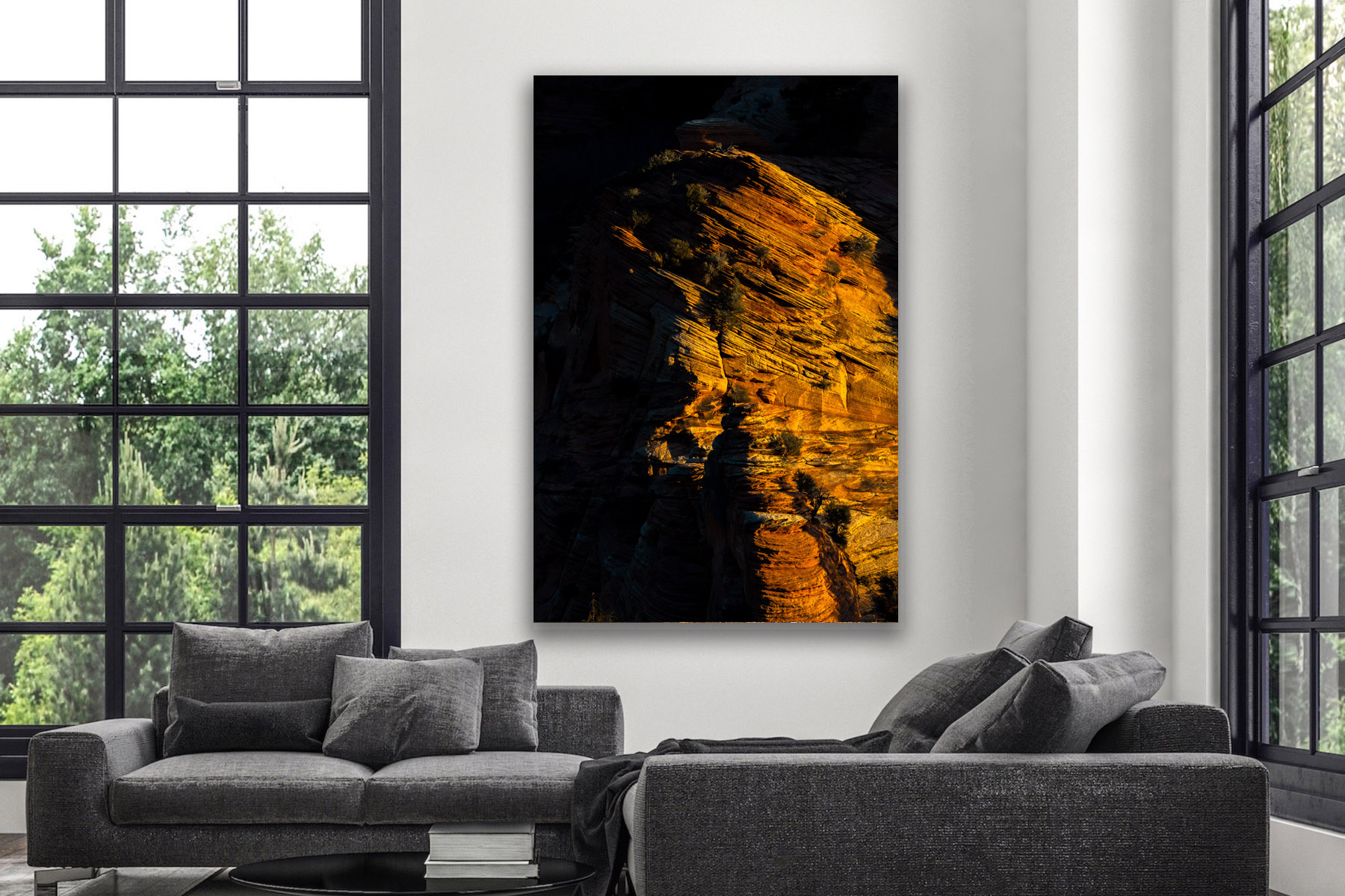 Dark Shadows on a red rock formation in Zion National Park as a fine art photo print on the wall