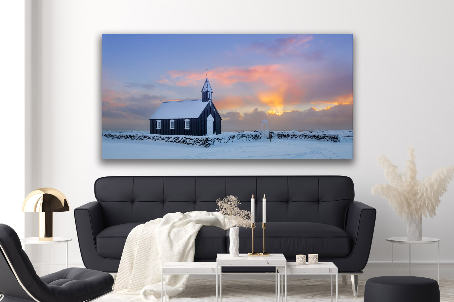Little black church in Iceland at sunrise as a fine art photo print on the wall
